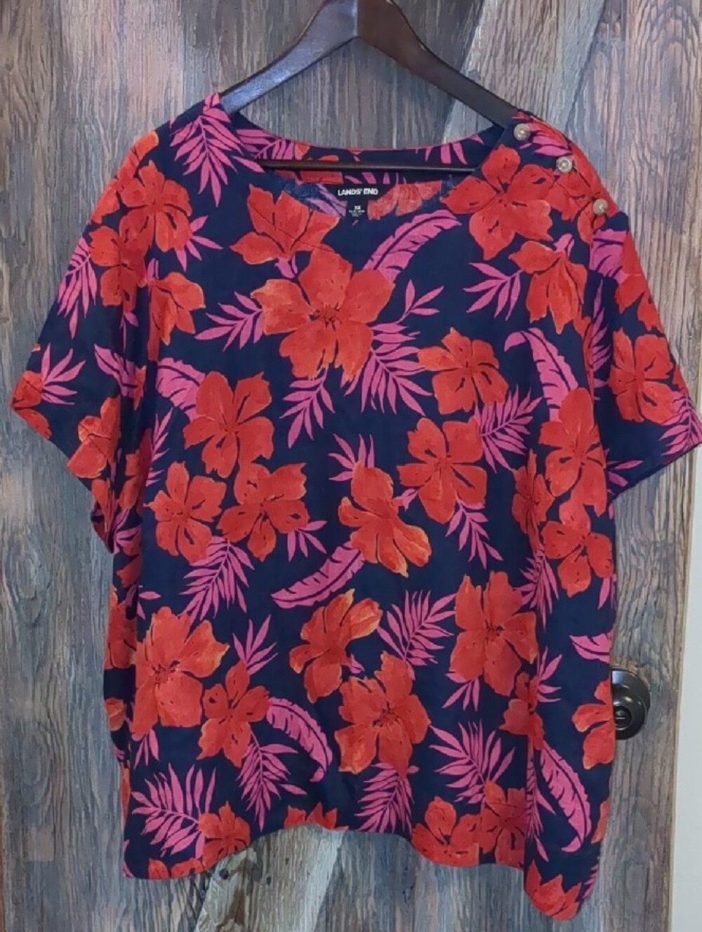 Lands' End 100% Linen Tropical Floral Button Shoulder Blouse Top Plus Size 3XL